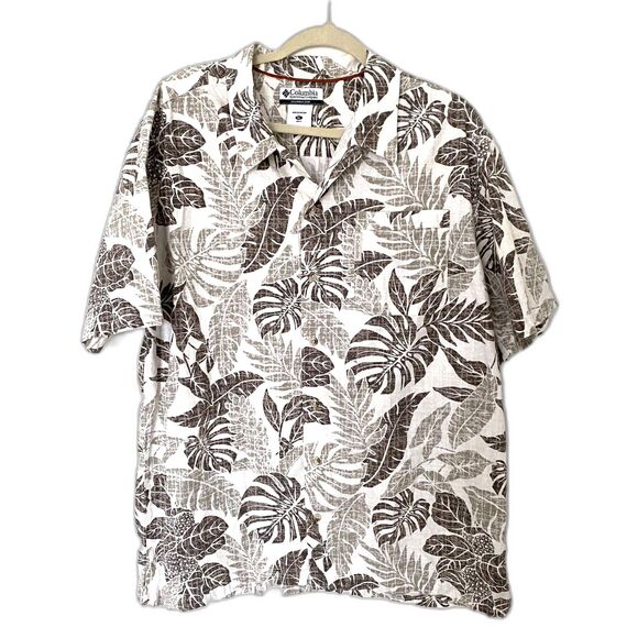 Columbia Beige Cotton Blend Hawaiian Leaf Short Sleeve Button Down Shirt XL - Picture 1 of 9
